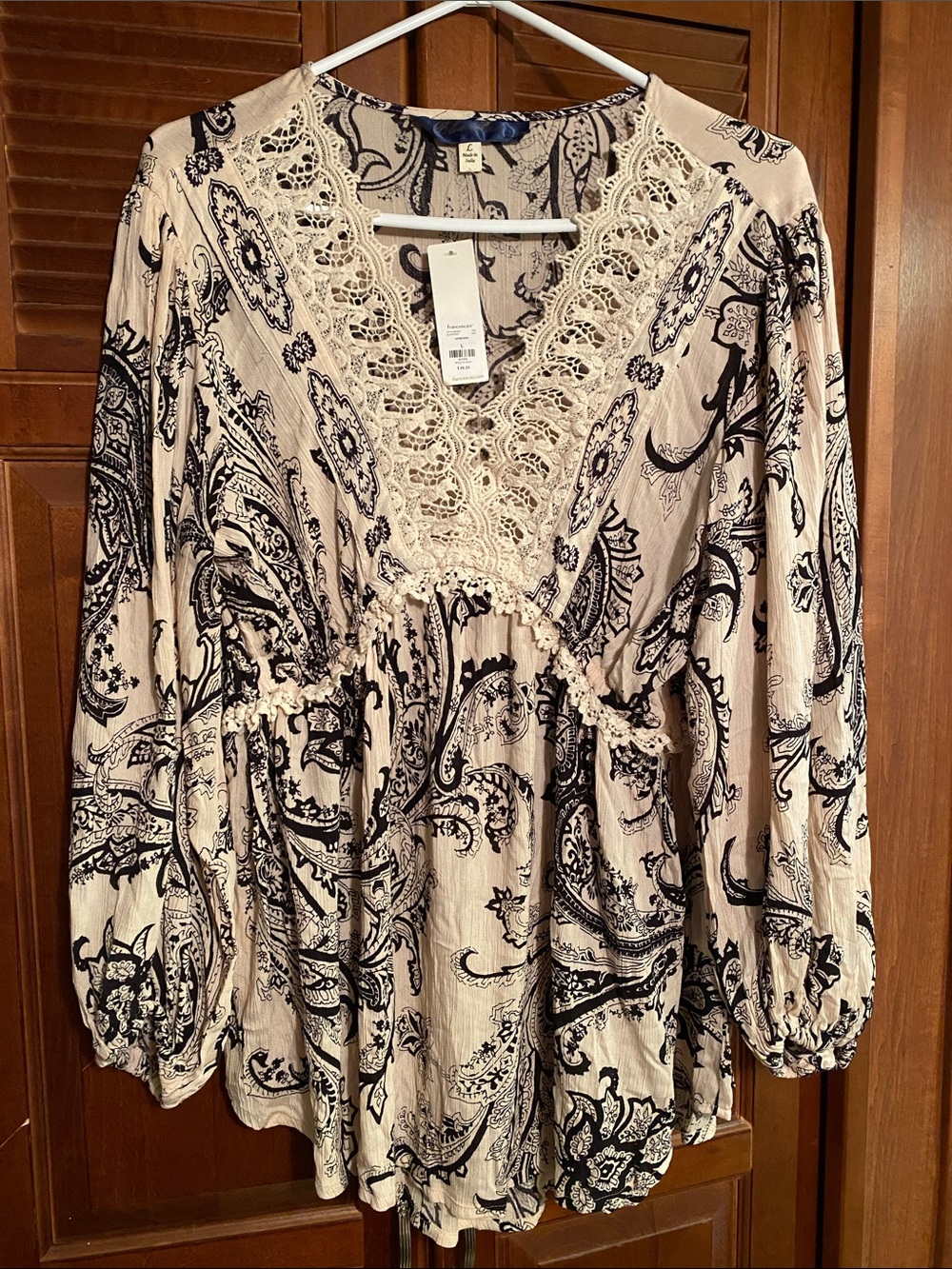 Blue Rain Cream Boho Lace-Trim Peasant Tunic-Large NWT Fairycore Hippie